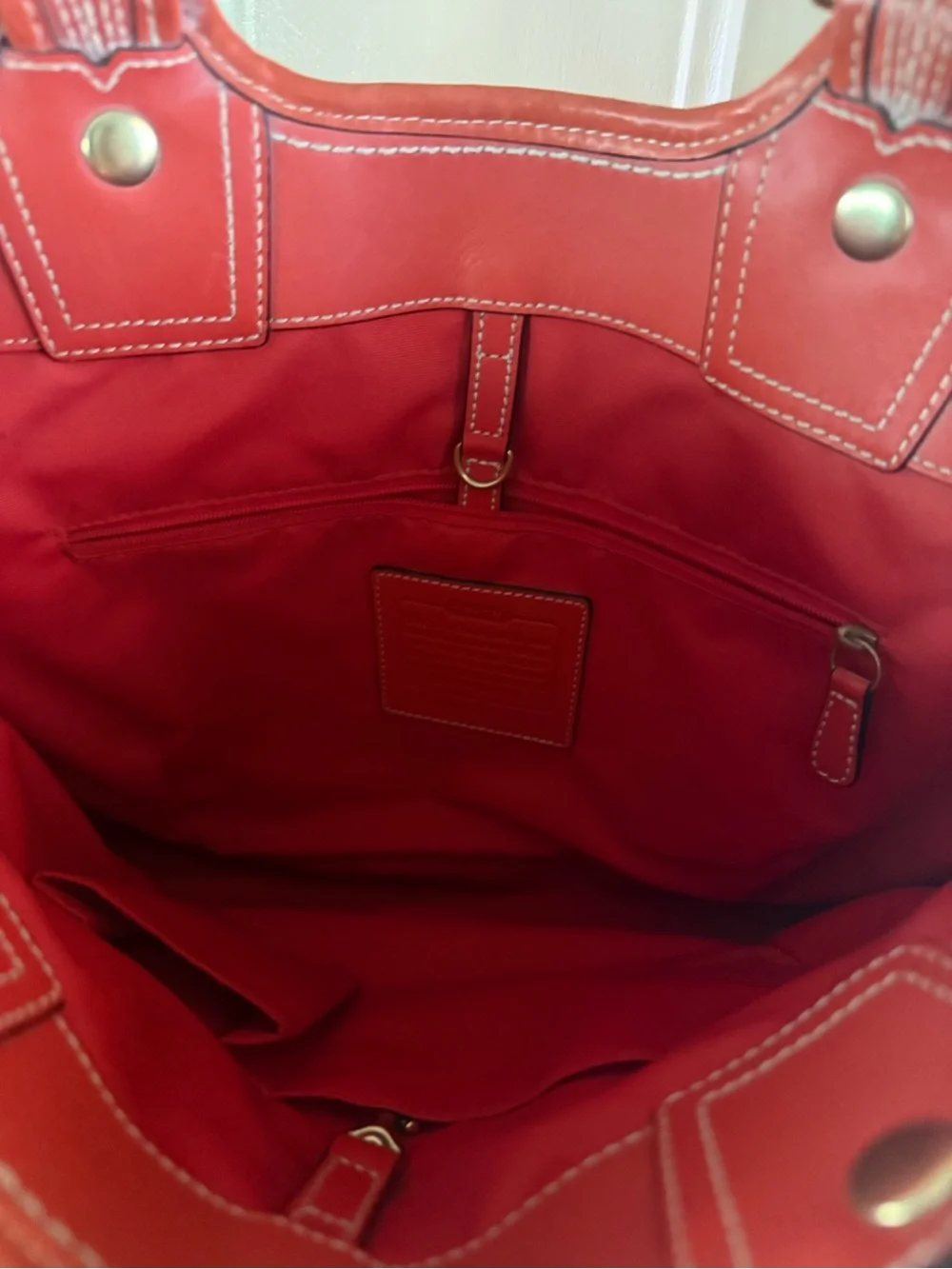 Coach Straw Tote with Red Leather Trim and Floral Applique